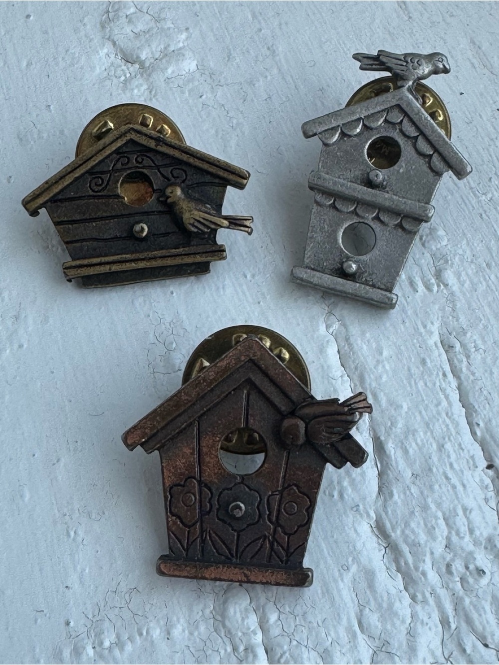 3 Vtg Jonette Jewelry JJ Birdhouse Scatter Pins Set Bronze, Gold & Silver